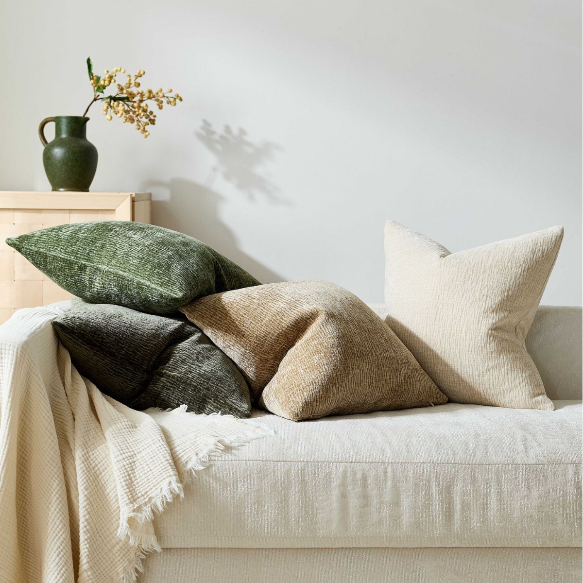Textured Throw Natural - テクスチャードプリーツシェニールスローピローカバー ナチュラルアースカラークッションケース ソファベッド リビングルーム装飾用 45x45cm 50x50cm