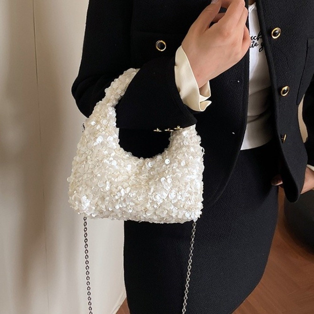 Interior Design Elegant - ニッチデザイン ジッパー開閉 スパンコール付きアンダーアームバッグ ソリッドカラー ポータブルショルダーバッグ 光沢のあるエレガントなトートバッグ