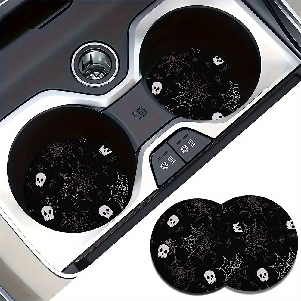 Interior Design Web Free - 2個入り 蜘蛛の巣とスカルデザインのコースター - 車、トラック、SUV、車内に最適、黒地に白のスカルとGのデザイン